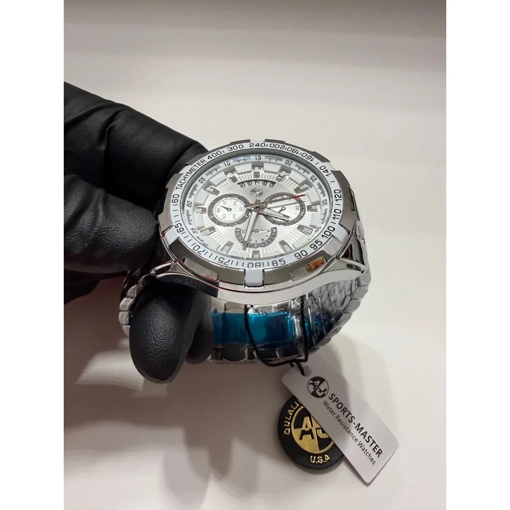 AJ Brand Silver Men's Chronograph Watch - White Dial stainless steel band